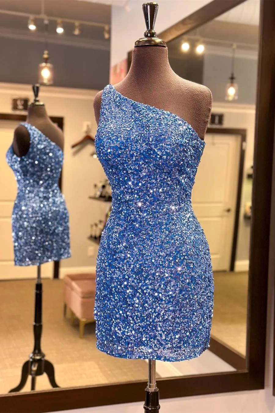 One Shoulder Blue Sequin Tight Mini Dress