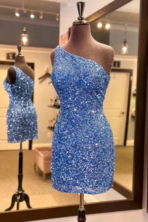 One Shoulder Blue Sequin Tight Mini Dress
