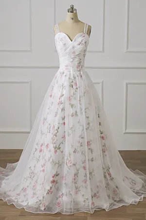 Open Back White Lace Long Prom Dress with Appliques, White Formal Graduation Evening Dress with Lace Flower