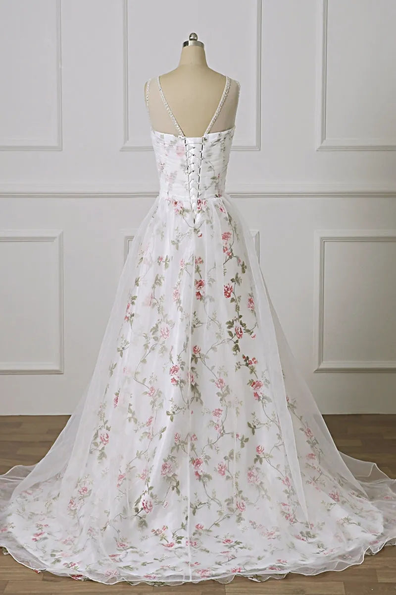 Open Back White Lace Long Prom Dress with Appliques, White Formal Graduation Evening Dress with Lace Flower