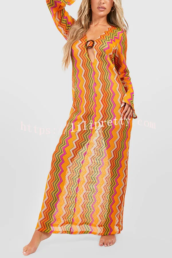 Orange Soda Stripe Print O-ring Long Sleeve Beach Maxi Dress