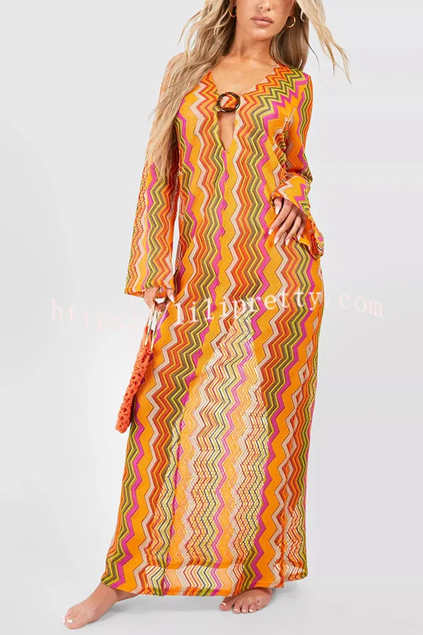 Orange Soda Stripe Print O-ring Long Sleeve Beach Maxi Dress