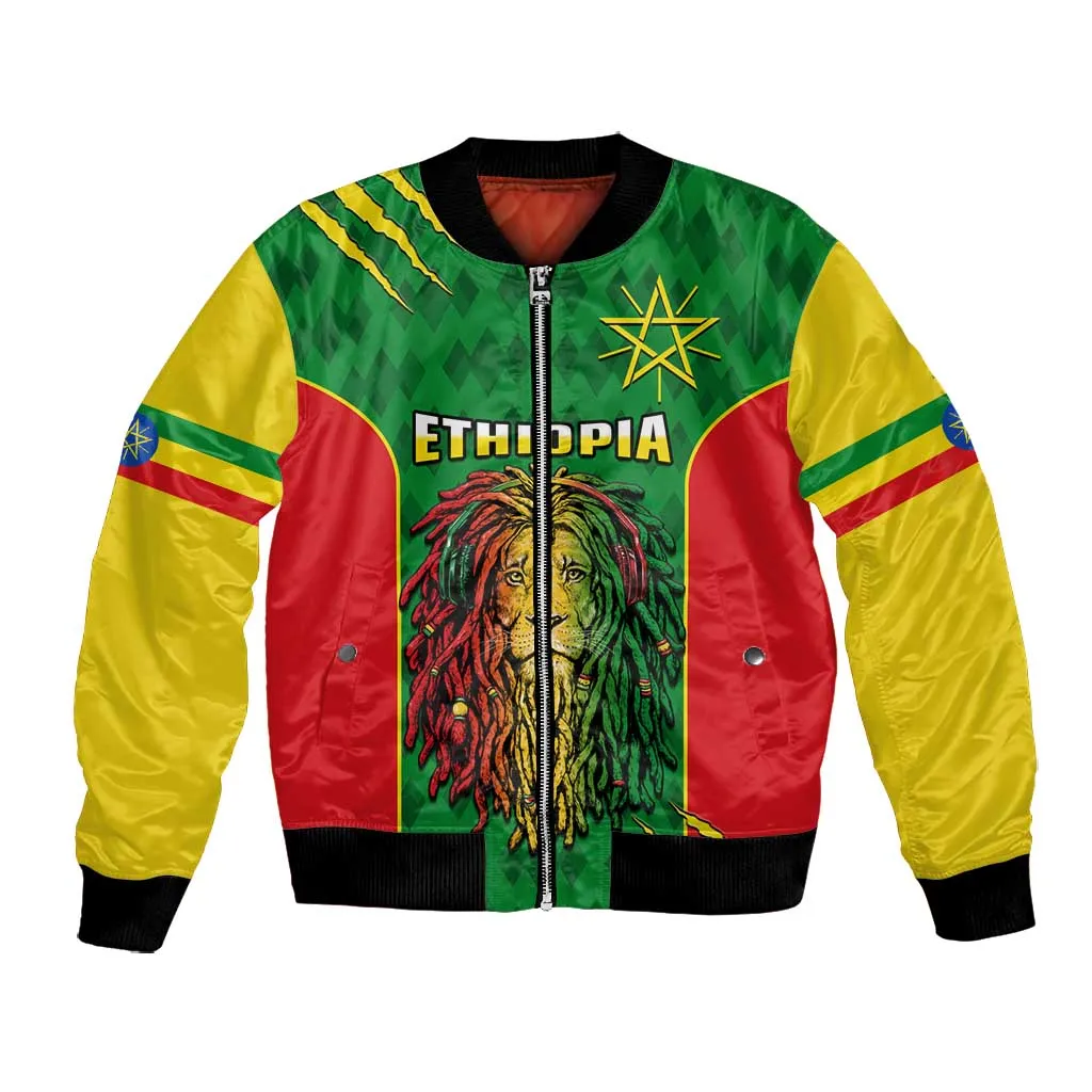 Personalised Ethiopia Bomber Jacket Men's Dreadlock Rasta Lion Headphones LT14