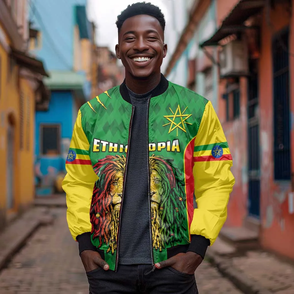 Personalised Ethiopia Bomber Jacket Men's Dreadlock Rasta Lion Headphones LT14