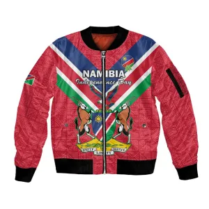 Personalised Namibia Sleeve Zip Bomber Jacket Coat Of Arms With Flag Map - Happy Independence Day LT15