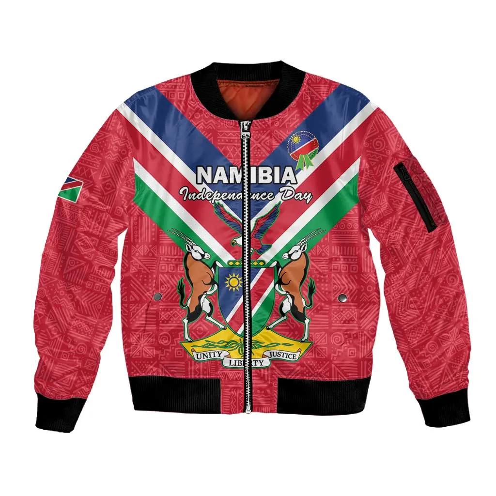 Personalised Namibia Sleeve Zip Bomber Jacket Coat Of Arms With Flag Map - Happy Independence Day LT15