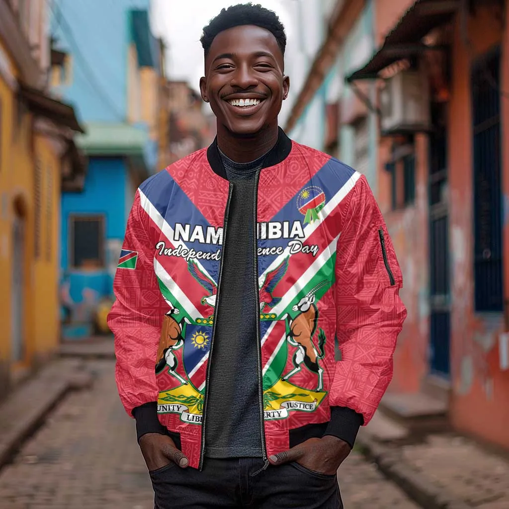 Personalised Namibia Sleeve Zip Bomber Jacket Coat Of Arms With Flag Map - Happy Independence Day LT15