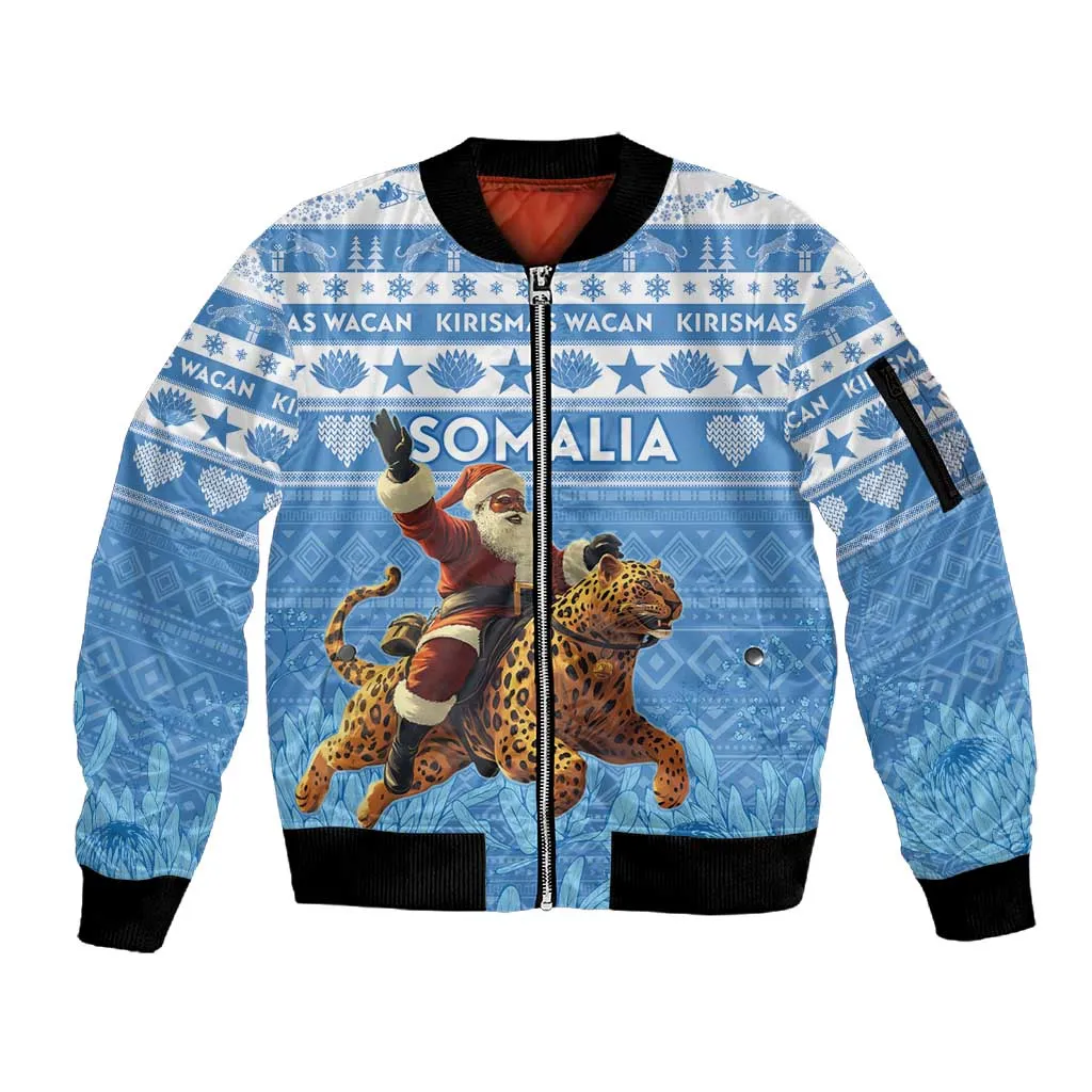 Personalized Afro Somalia Christmas Sleeve Zip Bomber Jacket Black Santa Riding Leopard - African Pattern LT15