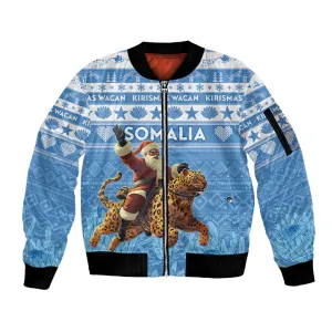 Personalized Afro Somalia Christmas Sleeve Zip Bomber Jacket Black Santa Riding Leopard - African Pattern LT15