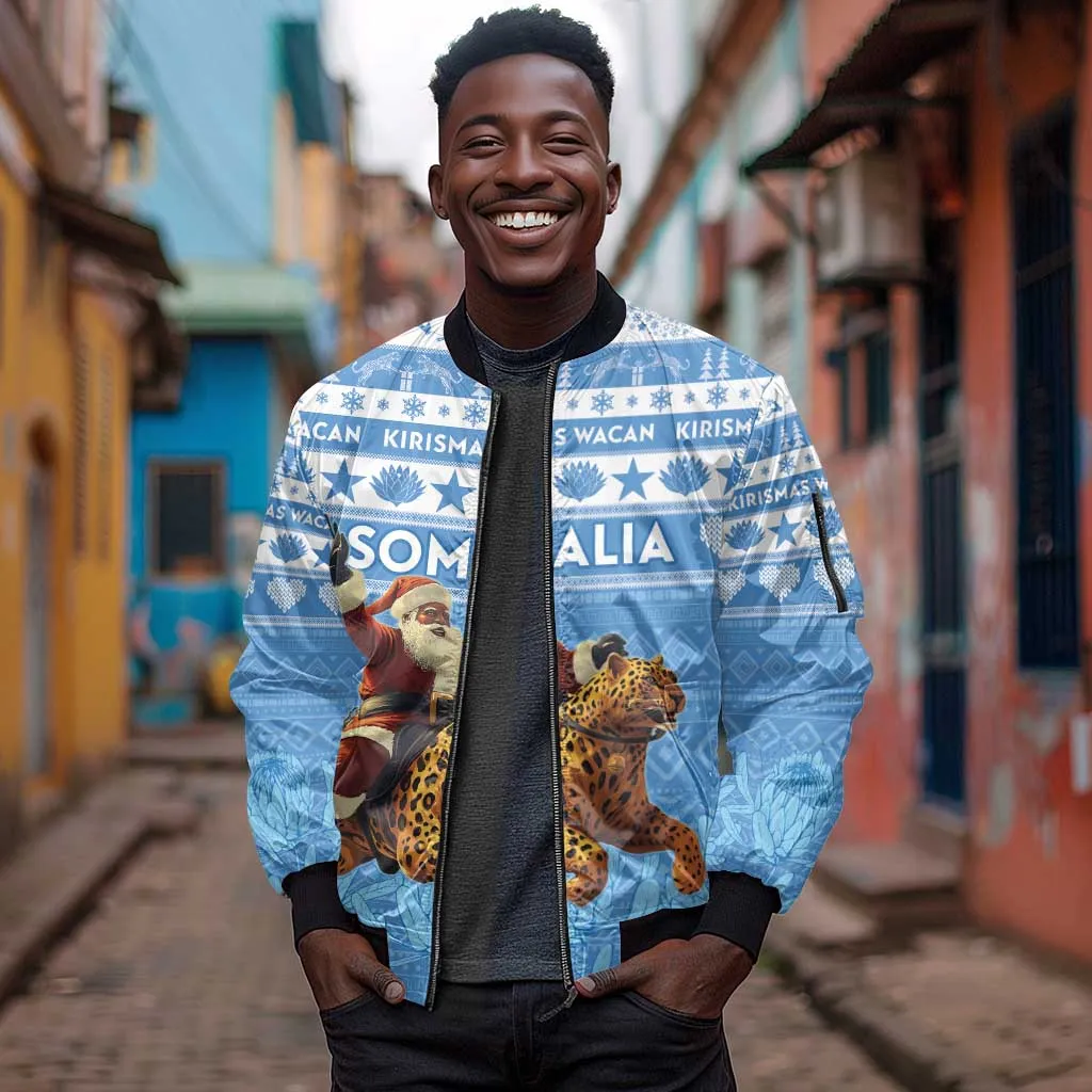 Personalized Afro Somalia Christmas Sleeve Zip Bomber Jacket Black Santa Riding Leopard - African Pattern LT15