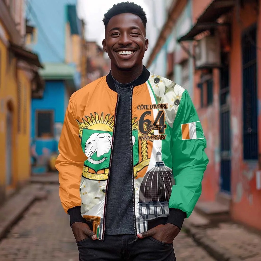 Personalized Ivory Coast Independence Day Bomber Jacket Ornithogalum Arabicum Happy 64 Years Anniversary LT14