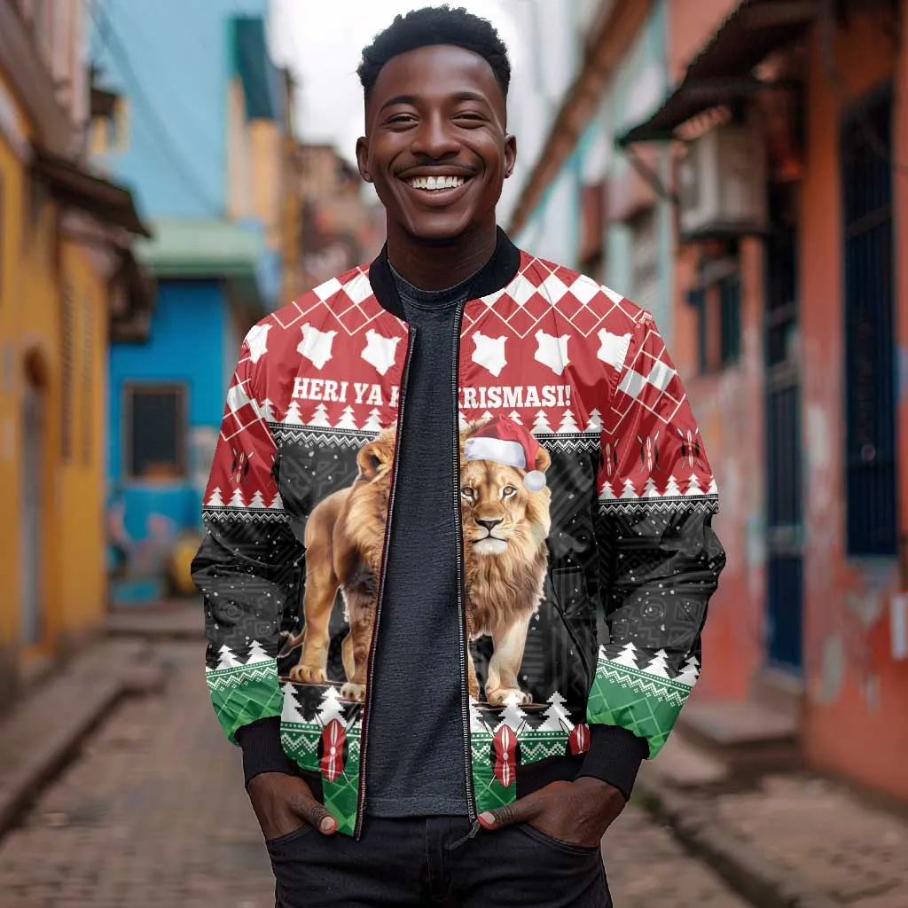 Personalized Kenya Christmas Sleeve Zip Bomber Jacket Lion Santa - Heri Ya Krismasi! LT14