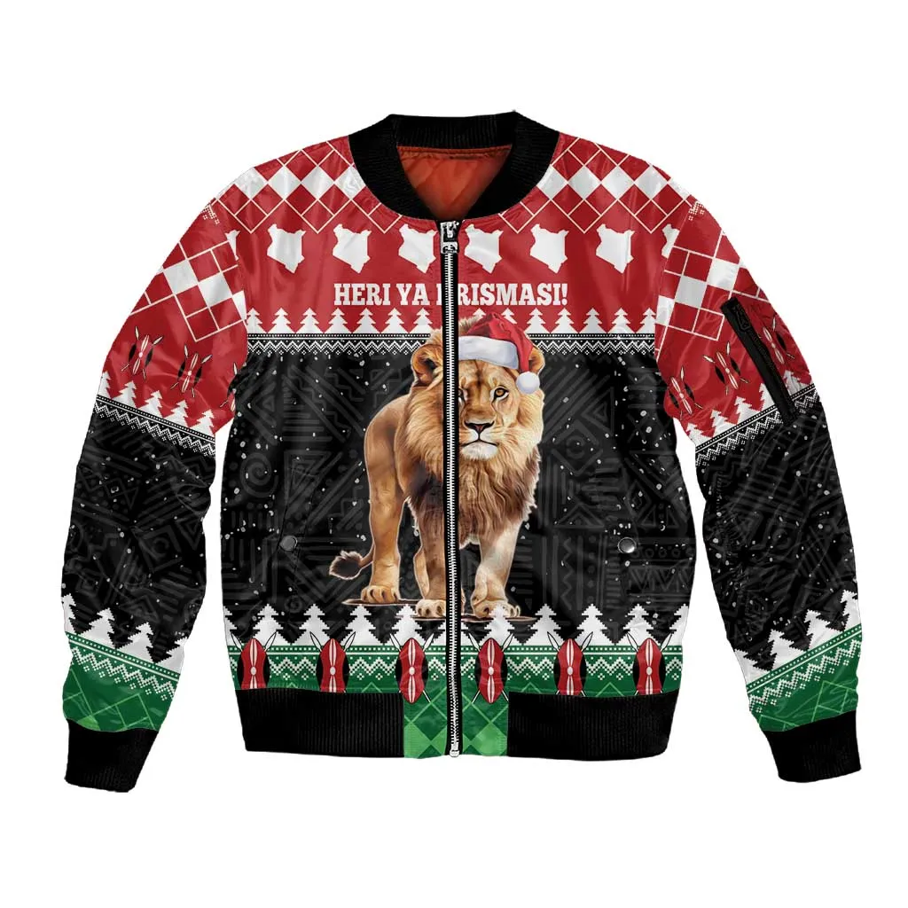 Personalized Kenya Christmas Sleeve Zip Bomber Jacket Lion Santa - Heri Ya Krismasi! LT14