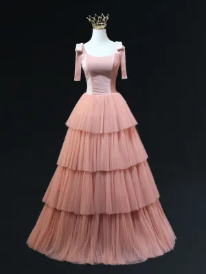 Pink A-Line Tulle Long Prom Dress, Pink Formal Graduation Dresses