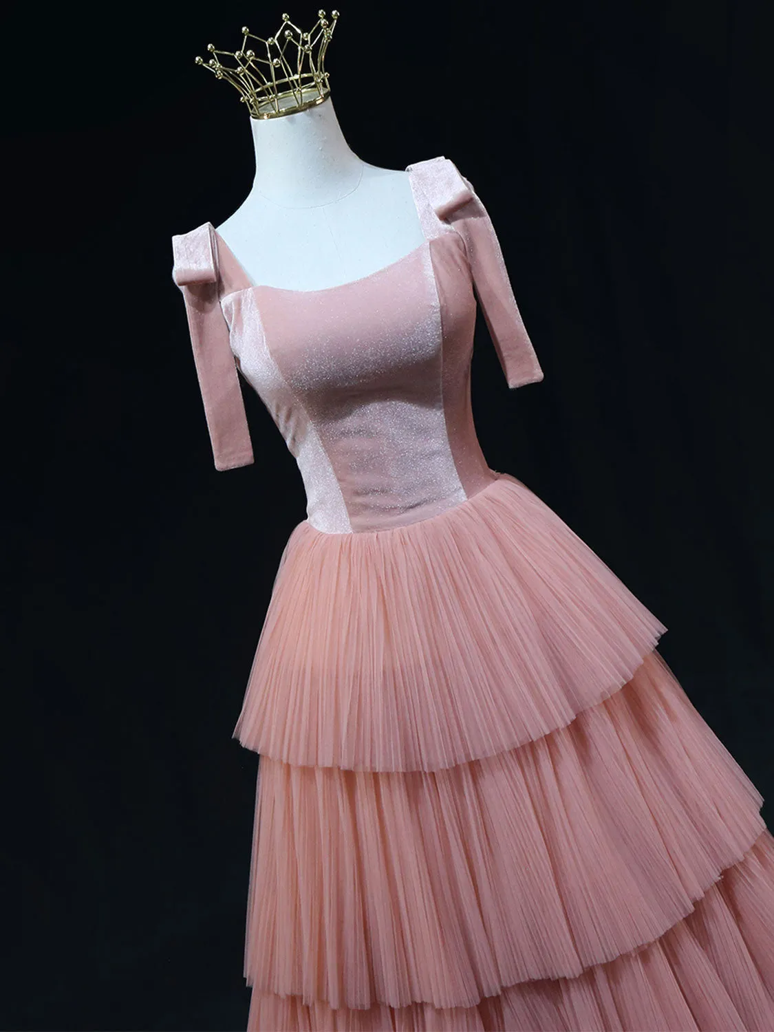 Pink A-Line Tulle Long Prom Dress, Pink Formal Graduation Dresses