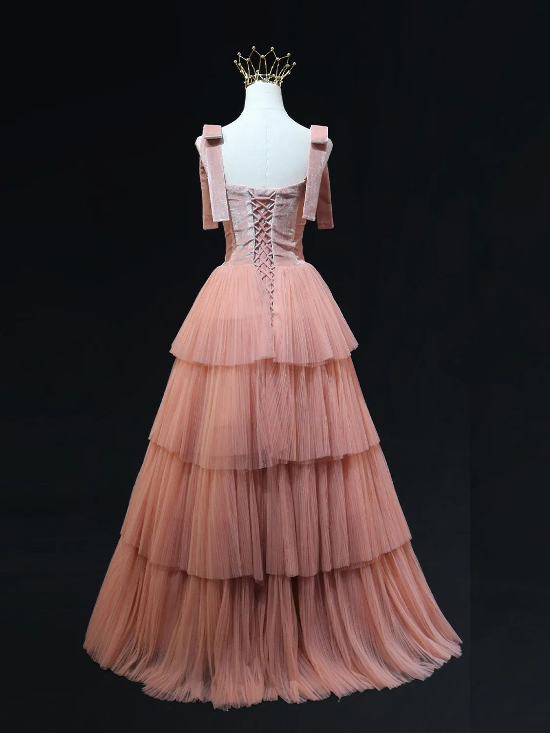 Pink A-Line Tulle Long Prom Dress, Pink Formal Graduation Dresses