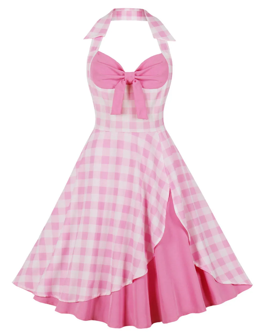Pink And White Plaid Halter Off Shoulder Bow Barbie Retro Dress