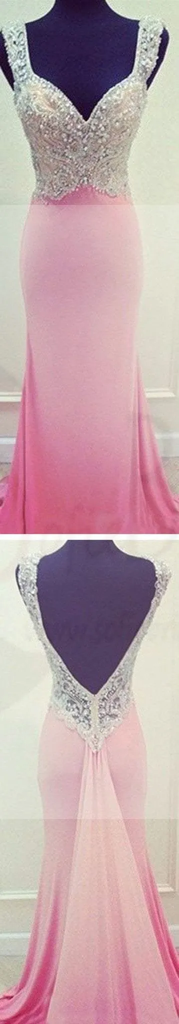 Pink Mermaid Open Back Prom Dresses,Evening Prom Dresses,Custom Prom Dresses