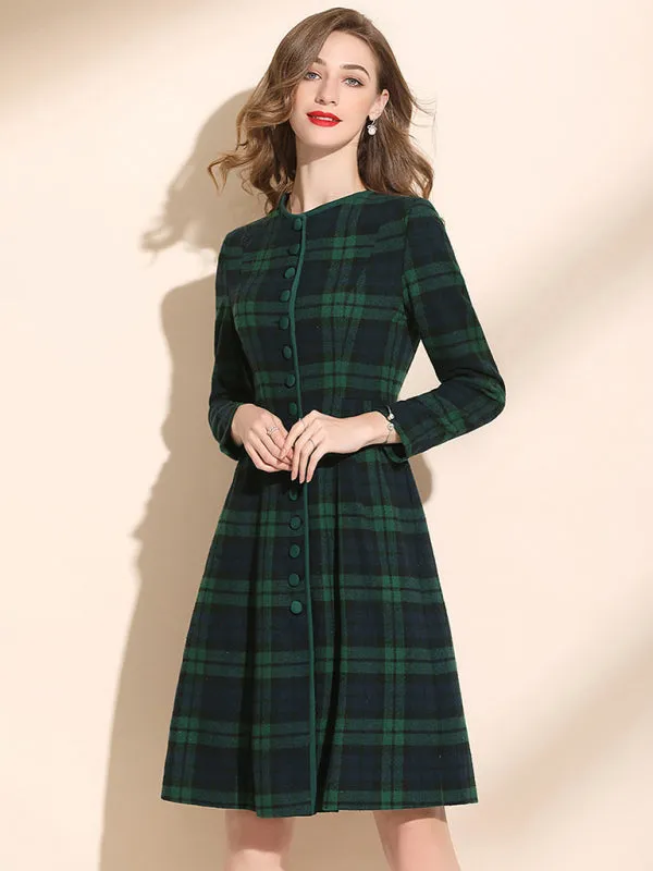 Plaid Wool Dress with Button Front and Tailored Fit