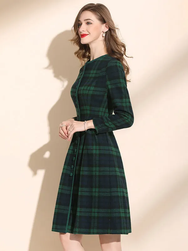 Plaid Wool Dress with Button Front and Tailored Fit
