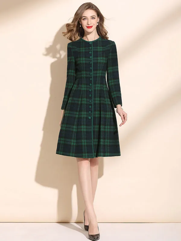 Plaid Wool Dress with Button Front and Tailored Fit