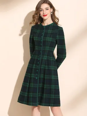 Plaid Wool Dress with Button Front and Tailored Fit