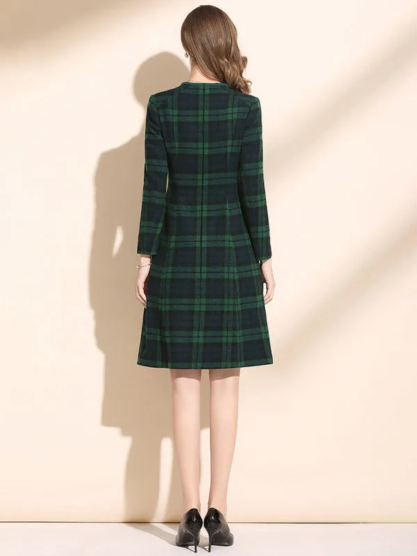 Plaid Wool Dress with Button Front and Tailored Fit