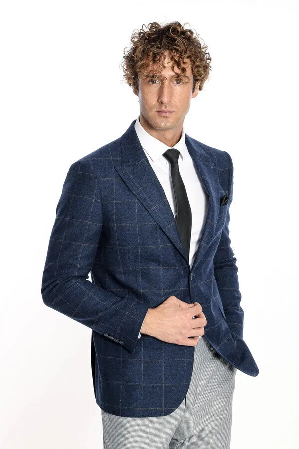 Plaid Wool Navy Blue Men Blazer - Wessi