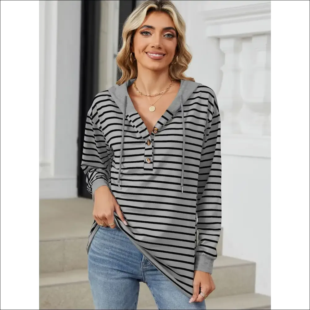Playful Striped Drawstring Long Sleeve Hoodie