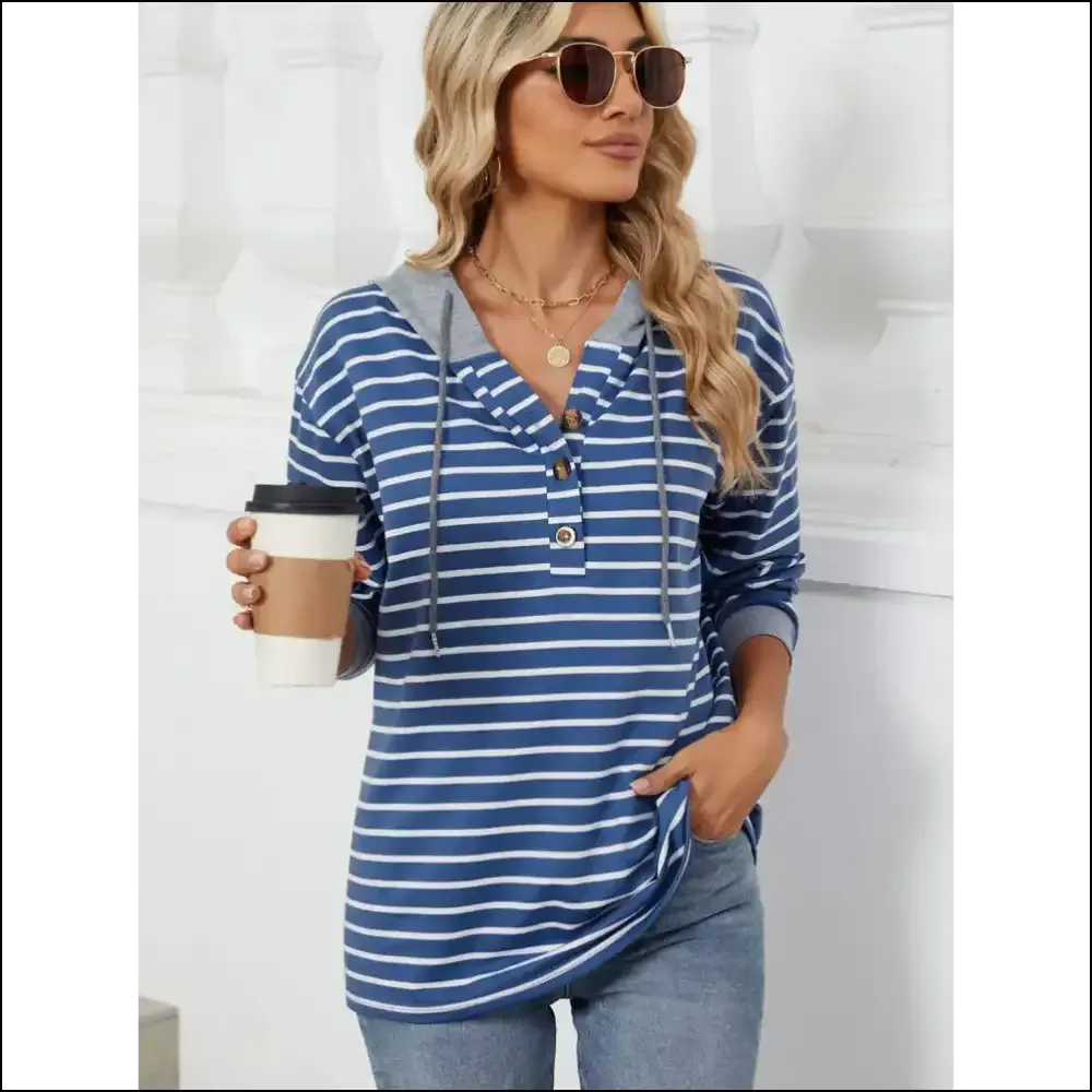 Playful Striped Drawstring Long Sleeve Hoodie