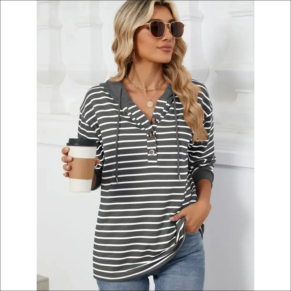 Playful Striped Drawstring Long Sleeve Hoodie