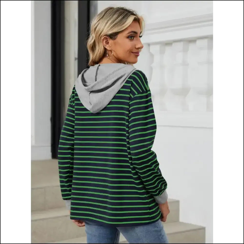 Playful Striped Drawstring Long Sleeve Hoodie