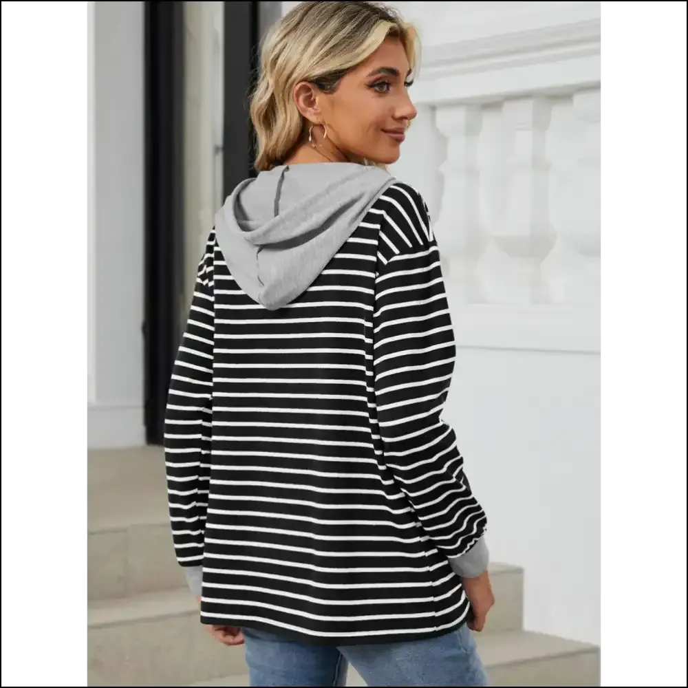Playful Striped Drawstring Long Sleeve Hoodie