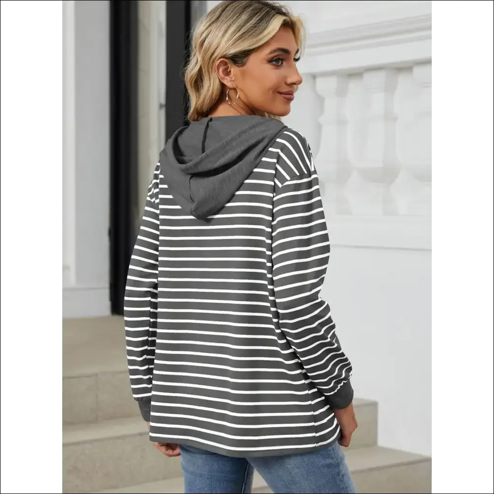 Playful Striped Drawstring Long Sleeve Hoodie