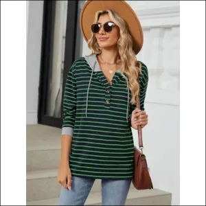 Playful Striped Drawstring Long Sleeve Hoodie