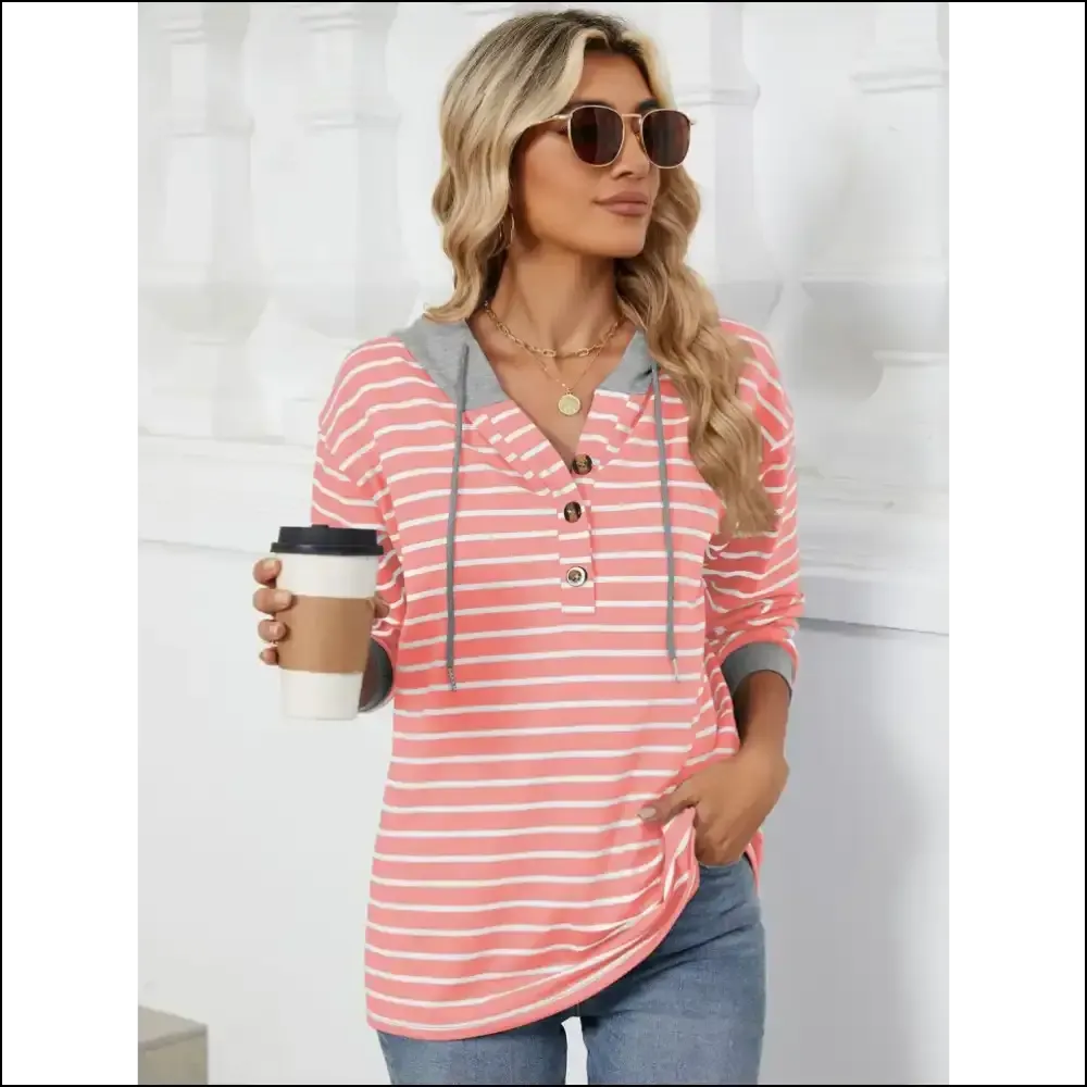 Playful Striped Drawstring Long Sleeve Hoodie