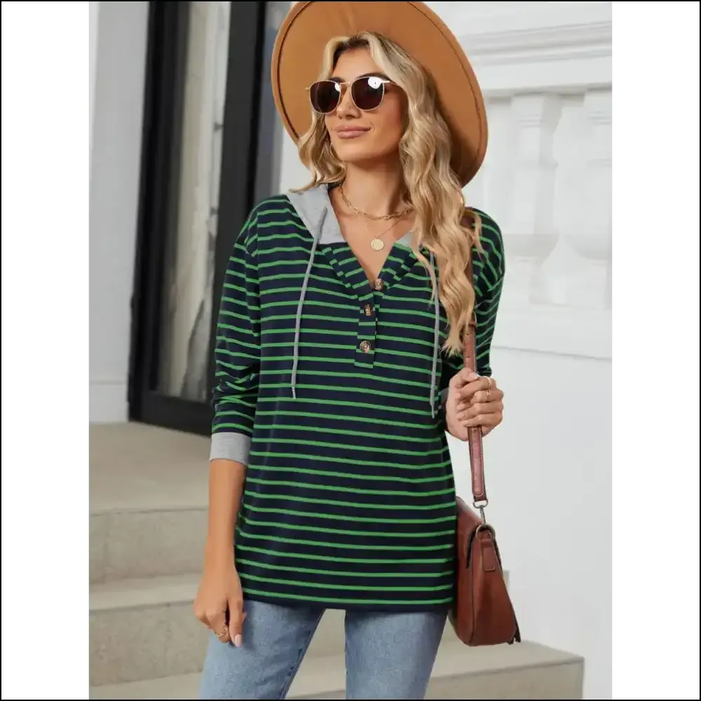 Playful Striped Drawstring Long Sleeve Hoodie