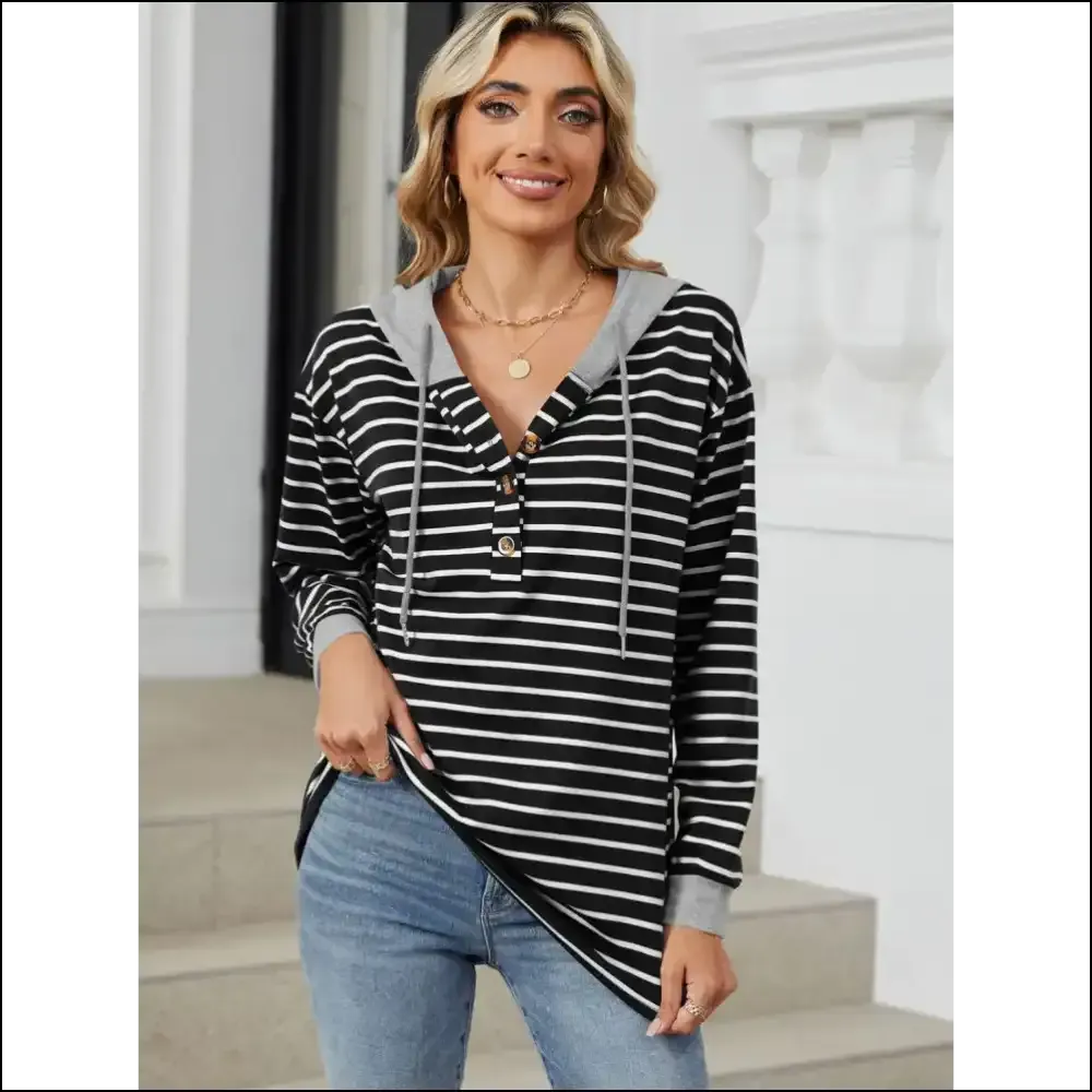 Playful Striped Drawstring Long Sleeve Hoodie