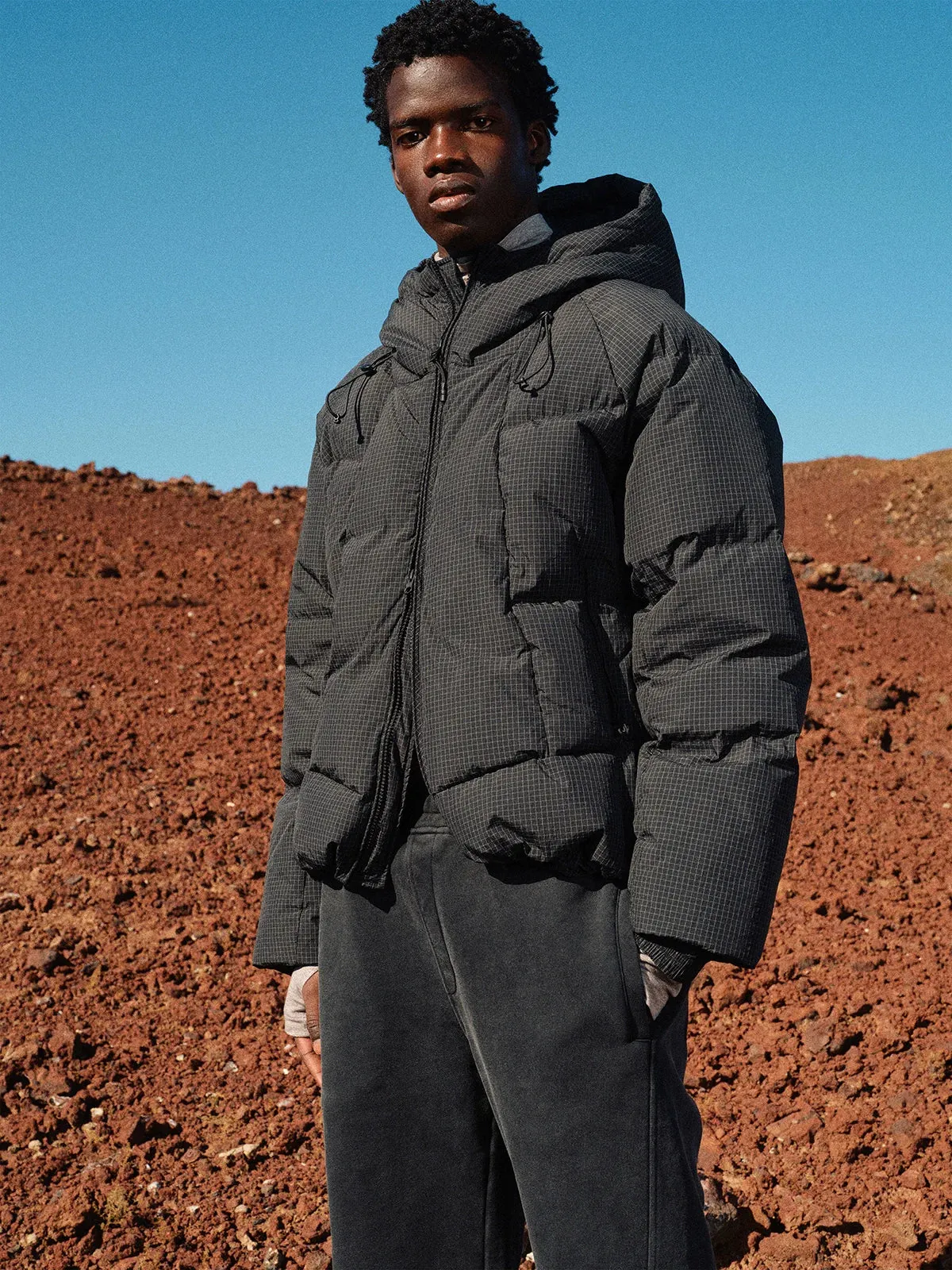 Pleated Check Hooded Puffer Jacket
