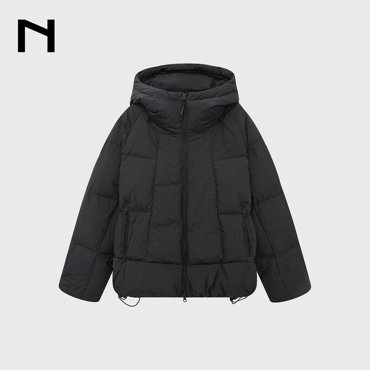 Pleated Check Hooded Puffer Jacket
