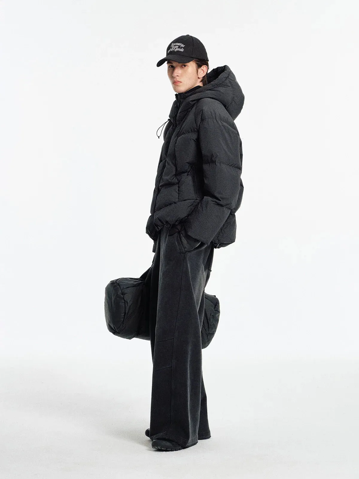 Pleated Check Hooded Puffer Jacket
