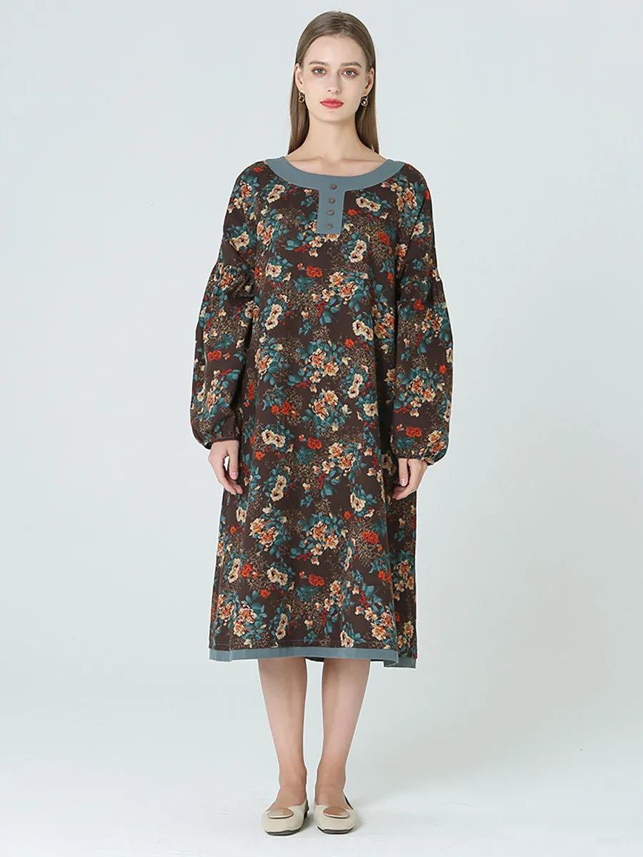 Plus Size Floral Long Sleeve Spring Autumn Loose Long Dress