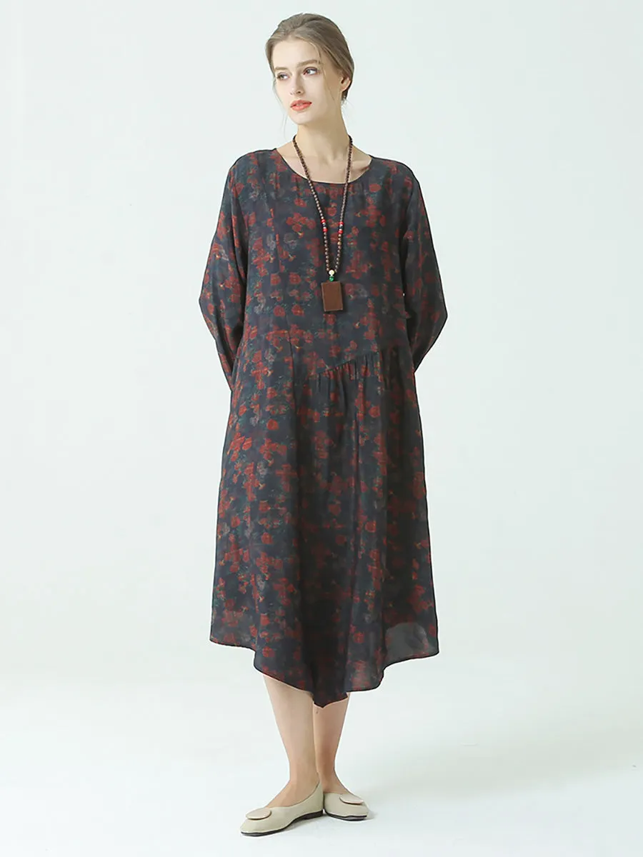 Plus Size Pleated Floral Prints Spring O Neck Loose Dress