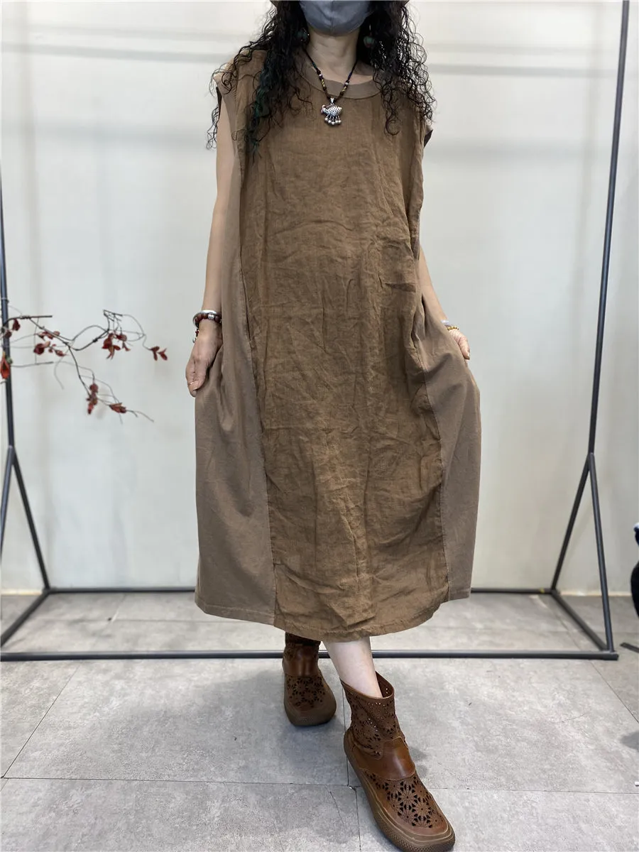 Plus Size Women Summer Vintage Spliced Loose Cotton Vest Dress