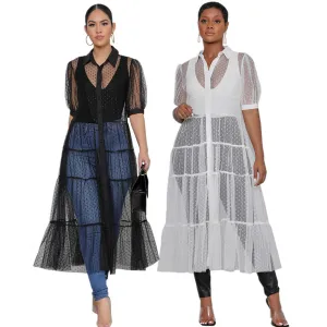 Polk Dot Solid Color Mesh Short Sleeved Loose Cover Up Dress