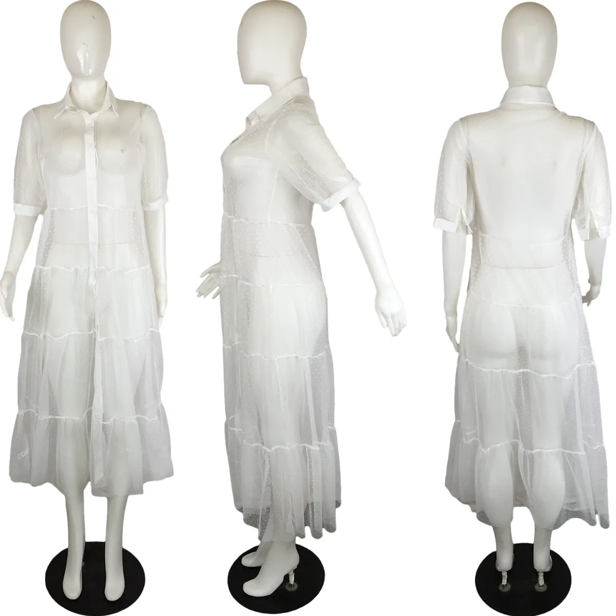 Polk Dot Solid Color Mesh Short Sleeved Loose Cover Up Dress