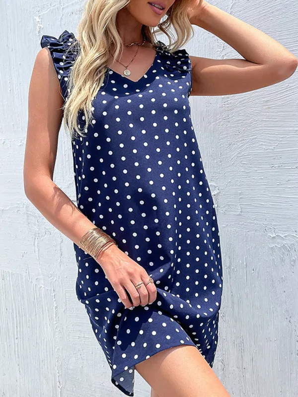 Polka Dot Summer Dress with Ruffled Shoulders