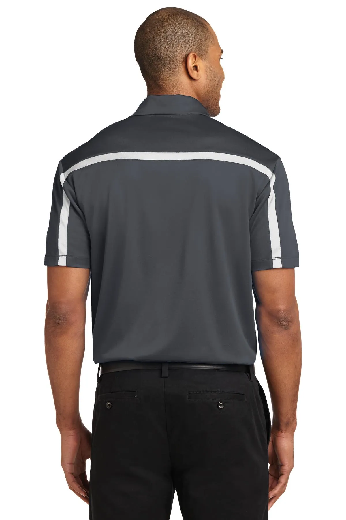 Port Authority Silk Touch Performance Colorblock Stripe Polo. K547 Steel Grey/ White