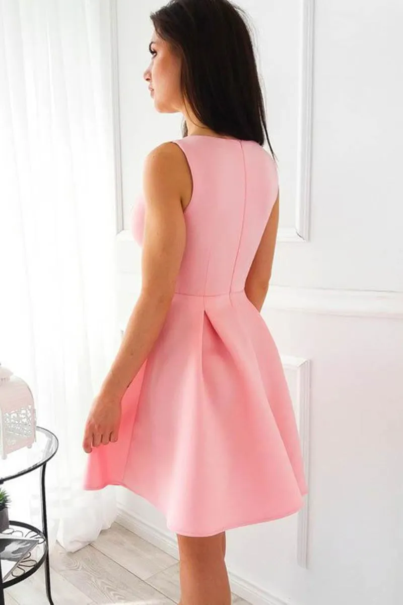 Pretty V Neck Pink Satin Short Prom Dress, Pink Formal Graduation Homecoming Dress, Cocktail Dress