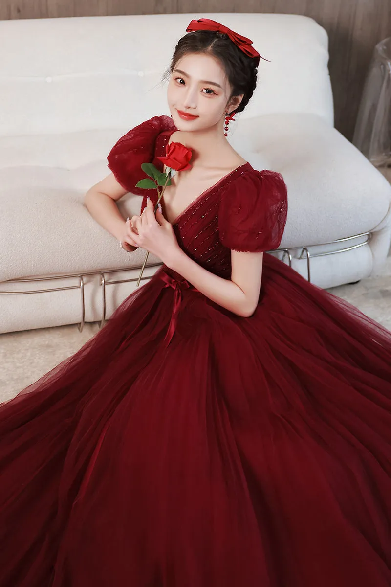Princess Burgundy A-line Tulle Long Formal Dress